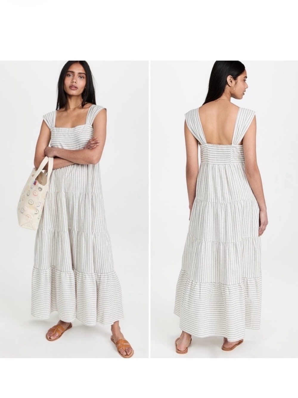 Madewell Linen Striped Tiered Maxi Dress Hemp Blend Vertical Stripe Gray White